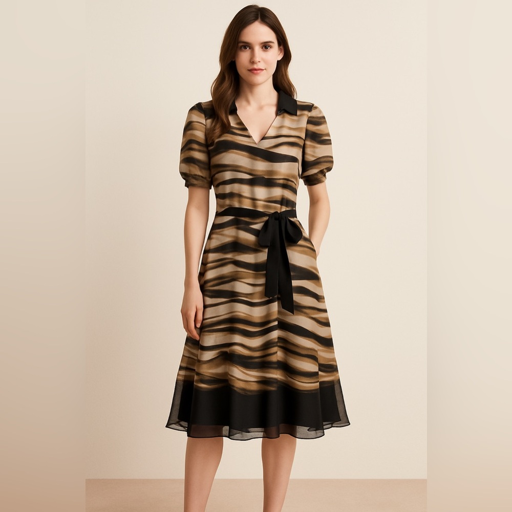 DKNY Women’s Black Multicolor Belted V-Neck Midi Dress